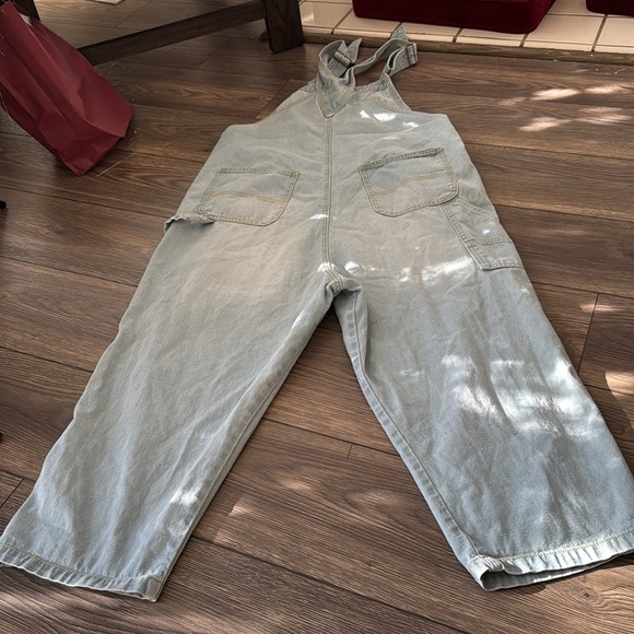 Distressed light blue drop crotch Japanese denim overalls one size baggy - Picture 2 of 10